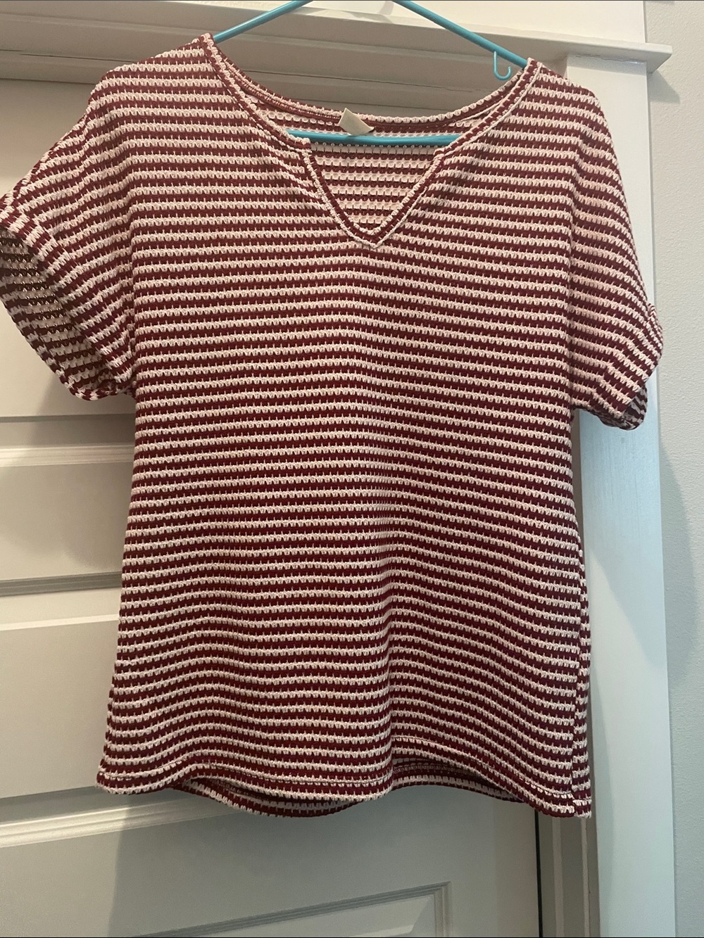 Maroon and White Striped V-Neck Knit Top